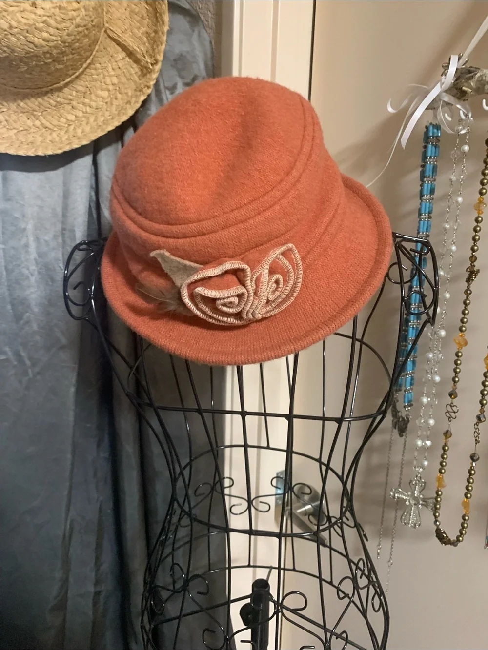 Womens Wool Cloche Hat with Rosette Detail - Rust
